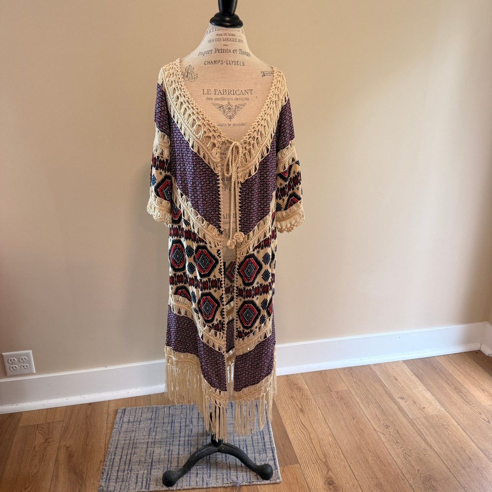 Umgee Women's Cream/Blue/Pink Crochet Boho Geometric Design Cardigan Size L‎